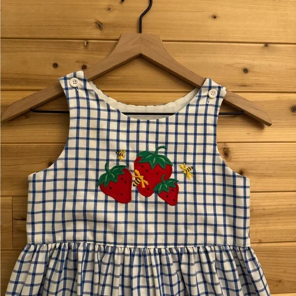 Vintage Kelly’s Kids Size 7 Blue White Gingham Strawberry Bee Tank Dress Summer - Picture 5 of 9